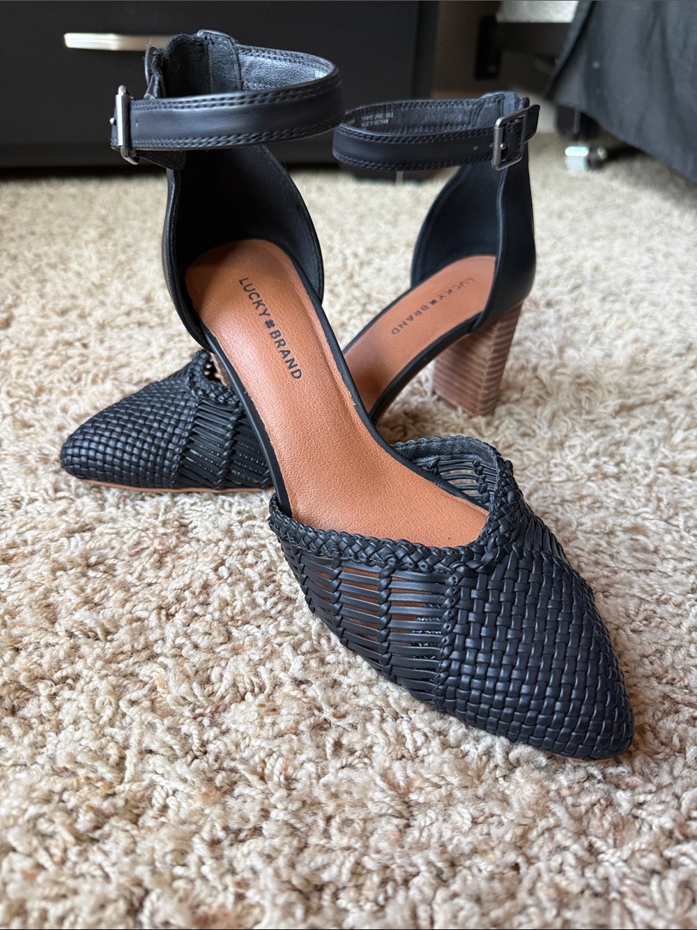 Lucky Brand Black Woven Pointed Ankle-Strap Heels